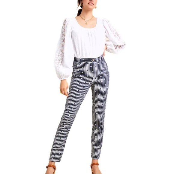 By Anthropologie • The Essential Slim Striped Blue Daisy High Rise Sz 0 Tapered - Picture 4 of 13